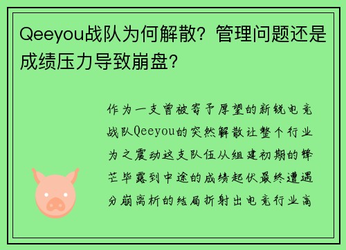 Qeeyou战队为何解散？管理问题还是成绩压力导致崩盘？