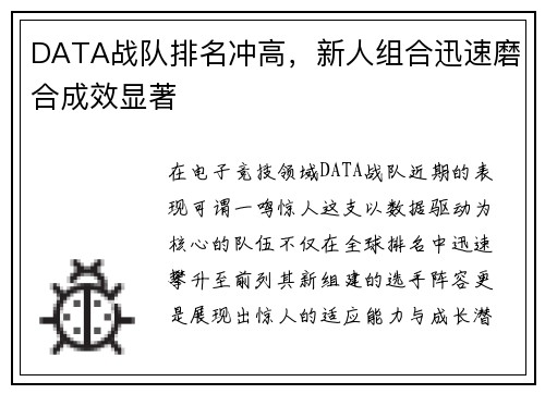 DATA战队排名冲高，新人组合迅速磨合成效显著