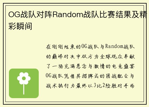 OG战队对阵Random战队比赛结果及精彩瞬间